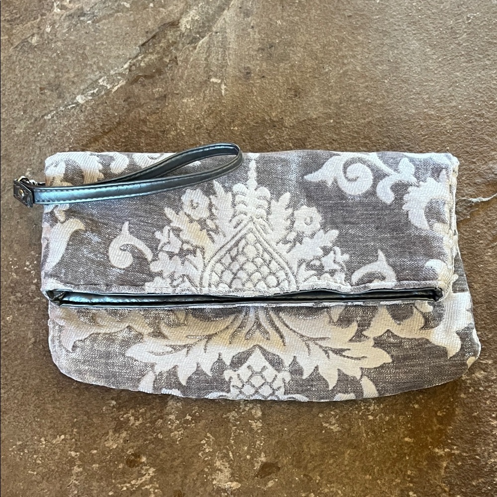 Gray and White Velvet Damask Wristlet